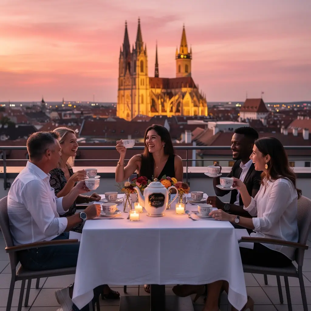 Frissítő csésze asszámi tea, gőzölgő vízben.