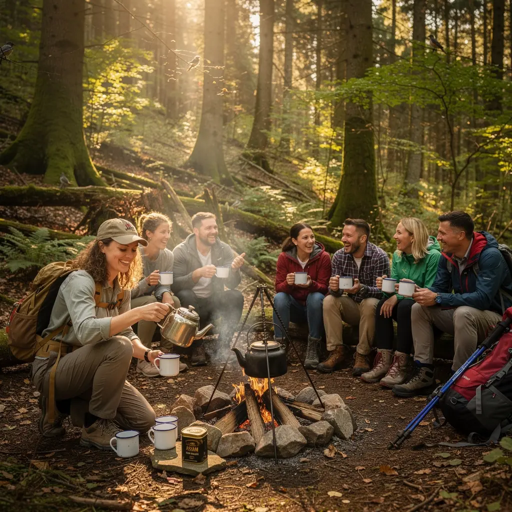 Asszámi tea ültetvény, zöld dombokkal a háttérben.