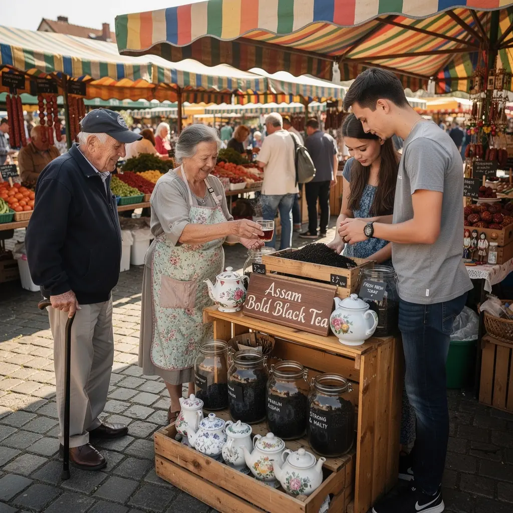 Asszám fekete tea levelek, gazdag malátás textúrával, üveg tálban.