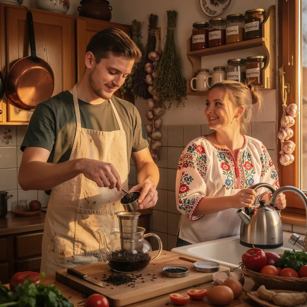 Teakereskedés belső tere, falon különböző tea fajták és címkék.